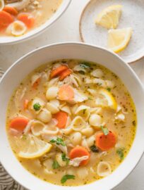Easy and cozy, this Lemon Chicken Soup has a rich broth, tender vegetables and pasta, juicy chicken, and the bright flavors of lemon, garlic, and Italian herbs. It's a simple and delicious dinner made from wholesome everyday ingredients.