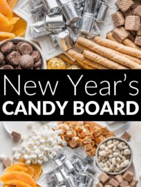 Hit the candy aisle and have fun with an array of chocolate, caramels, and dried fruit in silver, gold, black, and white tones. This super easy New Year's Candy Board is easy to scale and as much fun for a party as it is for a small family celebration.