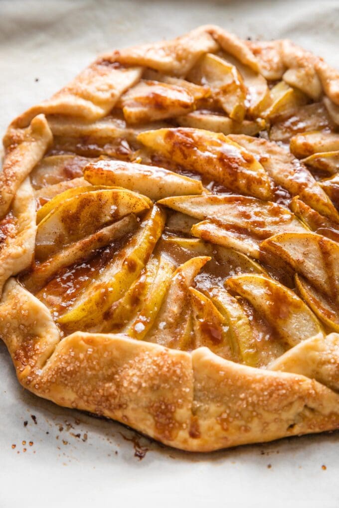 A pear caramel galette, just out of the oven and cooling until ready to slice.