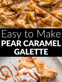 This cozy Pear Caramel Galette has tender slices of stone fruit tossed with brown sugar, lemon, cinnamon, and ginger and baked with a light drizzle of caramel sauce inside of a buttery pie crust, casually arranged in elegantly rustic folds. Pie's fuss-free cousin never tasted so good.