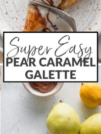 This cozy Pear Caramel Galette has tender slices of stone fruit tossed with brown sugar, lemon, cinnamon, and ginger and baked with a light drizzle of caramel sauce inside of a buttery pie crust, casually arranged in elegantly rustic folds. Pie's fuss-free cousin never tasted so good.