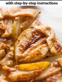 This cozy Pear Caramel Galette has tender slices of stone fruit tossed with brown sugar, lemon, cinnamon, and ginger and baked with a light drizzle of caramel sauce inside of a buttery pie crust, casually arranged in elegantly rustic folds. Pie's fuss-free cousin never tasted so good.