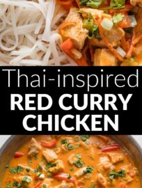 Whip up this Thai-inspired Red Chicken Curry any night for a taste of takeout in 30 minutes at home. The simple curry is easy to make mild for kids or spice up for fire enthusiasts, and poaching the chicken keeps it deliciously tender and full of flavor.