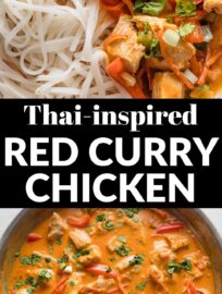 Whip up this Thai-inspired Red Chicken Curry any night for a taste of takeout in 30 minutes at home. The simple curry is easy to make mild for kids or spice up for fire enthusiasts, and poaching the chicken keeps it deliciously tender and full of flavor.