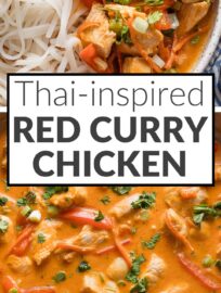 Whip up this Thai-inspired Red Chicken Curry any night for a taste of takeout in 30 minutes at home. The simple curry is easy to make mild for kids or spice up for fire enthusiasts, and poaching the chicken keeps it deliciously tender and full of flavor.
