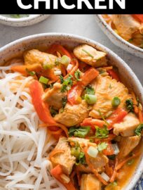 Whip up this Thai-inspired Red Chicken Curry any night for a taste of takeout in 30 minutes at home. The simple curry is easy to make mild for kids or spice up for fire enthusiasts, and poaching the chicken keeps it deliciously tender and full of flavor.