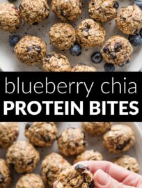 Quick and easy, these Blueberry Chia Protein Bites are made with old-fashioned oats, freeze-dried blueberries, honey, nut butter, and protein powder for a tasty on-the-go treat.