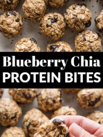 Quick and easy, these Blueberry Chia Protein Bites are made with old-fashioned oats, freeze-dried blueberries, honey, nut butter, and protein powder for a tasty on-the-go treat.
