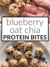 Quick and easy, these Blueberry Chia Protein Bites are made with old-fashioned oats, freeze-dried blueberries, honey, nut butter, and protein powder for a tasty on-the-go treat.