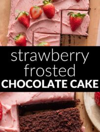 Cheerful to look at and delicious to eat, this Chocolate Sheet Cake with Strawberry Frosting is delightful for Valentine's Day, a baby shower, or the next birthday of your favorite pink or strawberry-loving friend. The cake is rich and moist, the frosting sweet and irresistible, and the whole combination pure homemade magic.
