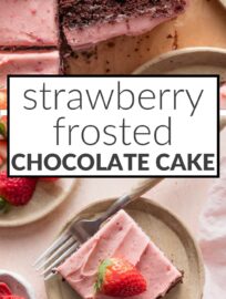 Cheerful to look at and delicious to eat, this Chocolate Sheet Cake with Strawberry Frosting is delightful for Valentine's Day, a baby shower, or the next birthday of your favorite pink or strawberry-loving friend. The cake is rich and moist, the frosting sweet and irresistible, and the whole combination pure homemade magic.