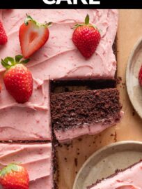 Cheerful to look at and delicious to eat, this Chocolate Sheet Cake with Strawberry Frosting is delightful for Valentine's Day, a baby shower, or the next birthday of your favorite pink or strawberry-loving friend. The cake is rich and moist, the frosting sweet and irresistible, and the whole combination pure homemade magic.