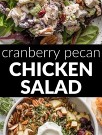 This Cranberry Pecan Chicken Salad is relatively light, with fresh herbs and tangy Greek yogurt pulling together tender bites of chicken, sweet apple and cranberries, and crunchy celery and pecans. It all adds up to a delicious combo that even chicken salad skeptics can enjoy for a special lunch or breezy dinner.