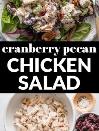 This Cranberry Pecan Chicken Salad is relatively light, with fresh herbs and tangy Greek yogurt pulling together tender bites of chicken, sweet apple and cranberries, and crunchy celery and pecans. It all adds up to a delicious combo that even chicken salad skeptics can enjoy for a special lunch or breezy dinner.