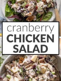 This Cranberry Pecan Chicken Salad is relatively light, with fresh herbs and tangy Greek yogurt pulling together tender bites of chicken, sweet apple and cranberries, and crunchy celery and pecans. It all adds up to a delicious combo that even chicken salad skeptics can enjoy for a special lunch or breezy dinner.