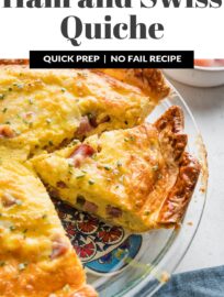 This super easy Ham and Swiss Quiche is delicious and fool-proof; perfect for a make-ahead breakfast, brunch, or our favorite, breakfast-for-dinner. You'll just need a single pie crust, cooked ham, eggs, cream or milk, and cheese.