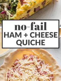This super easy Ham and Swiss Quiche is delicious and fool-proof; perfect for a make-ahead breakfast, brunch, or our favorite, breakfast-for-dinner. You'll just need a single pie crust, cooked ham, eggs, cream or milk, and cheese.