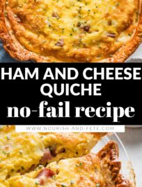 This super easy Ham and Swiss Quiche is delicious and fool-proof; perfect for a make-ahead breakfast, brunch, or our favorite, breakfast-for-dinner. You'll just need a single pie crust, cooked ham, eggs, cream or milk, and cheese.