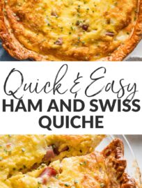 This super easy Ham and Swiss Quiche is delicious and fool-proof; perfect for a make-ahead breakfast, brunch, or our favorite, breakfast-for-dinner. You'll just need a single pie crust, cooked ham, eggs, cream or milk, and cheese.
