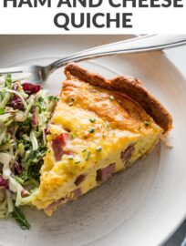 This super easy Ham and Swiss Quiche is delicious and fool-proof; perfect for a make-ahead breakfast, brunch, or our favorite, breakfast-for-dinner. You'll just need a single pie crust, cooked ham, eggs, cream or milk, and cheese.