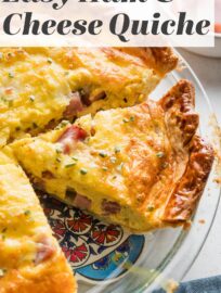 This super easy Ham and Swiss Quiche is delicious and fool-proof; perfect for a make-ahead breakfast, brunch, or our favorite, breakfast-for-dinner. You'll just need a single pie crust, cooked ham, eggs, cream or milk, and cheese.