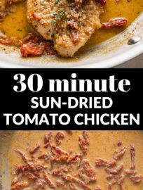This bright Chicken in Sun Dried Tomato Cream Sauce has the bold flavors of garlic, Parmesan, oregano, and thyme all packed into a cozy dish. All done in one skillet and 30 minutes, it's delicious for family dinner, elegant enough for guests.