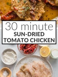 This bright Chicken in Sun Dried Tomato Cream Sauce has the bold flavors of garlic, Parmesan, oregano, and thyme all packed into a cozy dish. All done in one skillet and 30 minutes, it's delicious for family dinner, elegant enough for guests.