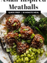 Tender, flavorful, and easy-to-make, these Asian-inspired Meatballs are extra delicious simmered in a sweet and sticky homemade pan sauce. Serve with rice, veggies, and toasted sesame seeds for a build-your-own bowl dinner.