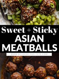 Tender, flavorful, and easy-to-make, these Asian-inspired Meatballs are extra delicious simmered in a sweet and sticky homemade pan sauce. Serve with rice, veggies, and toasted sesame seeds for a build-your-own bowl dinner.