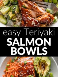 These Teriyaki Salmon Bowls are delicious, fresh, and satisfying. With tender baked salmon coated in a sweet and savory glaze, creamy avocado and edamame, and crisp cucumber and carrots, you get a mix of flavor and texture in every bite, and an easy build-your-own bowl that can be flexible for family lunch or dinner, too.