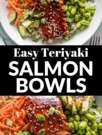 These Teriyaki Salmon Bowls are delicious, fresh, and satisfying. With tender baked salmon coated in a sweet and savory glaze, creamy avocado and edamame, and crisp cucumber and carrots, you get a mix of flavor and texture in every bite, and an easy build-your-own bowl that can be flexible for family lunch or dinner, too.