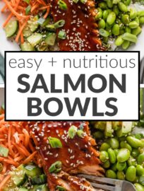 These Teriyaki Salmon Bowls are delicious, fresh, and satisfying. With tender baked salmon coated in a sweet and savory glaze, creamy avocado and edamame, and crisp cucumber and carrots, you get a mix of flavor and texture in every bite, and an easy build-your-own bowl that can be flexible for family lunch or dinner, too.