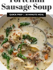 This Sausage Tortellini Soup is deliciously creamy yet not too heavy, with tender carrots and spinach, cheese tortellini, and Italian sausage all simmered in a flavorful broth. Best of all, you just need one pot and about 30 minutes to get this served up from start to finish.