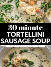 This Sausage Tortellini Soup is deliciously creamy yet not too heavy, with tender carrots and spinach, cheese tortellini, and Italian sausage all simmered in a flavorful broth. Best of all, you just need one pot and about 30 minutes to get this served up from start to finish.