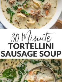This Sausage Tortellini Soup is deliciously creamy yet not too heavy, with tender carrots and spinach, cheese tortellini, and Italian sausage all simmered in a flavorful broth. Best of all, you just need one pot and about 30 minutes to get this served up from start to finish.
