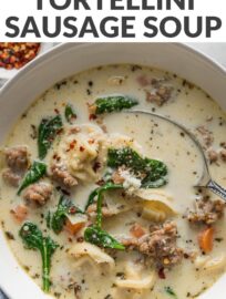 This Sausage Tortellini Soup is deliciously creamy yet not too heavy, with tender carrots and spinach, cheese tortellini, and Italian sausage all simmered in a flavorful broth. Best of all, you just need one pot and about 30 minutes to get this served up from start to finish.