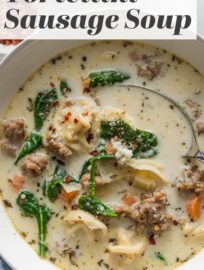 This Sausage Tortellini Soup is deliciously creamy yet not too heavy, with tender carrots and spinach, cheese tortellini, and Italian sausage all simmered in a flavorful broth. Best of all, you just need one pot and about 30 minutes to get this served up from start to finish.