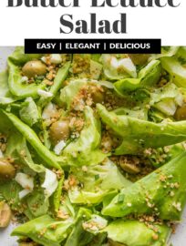 This Butter Lettuce Salad with Castelvetrano olives is simple yet elegant, perfect for dinner with friends or family. It also makes a great lunch paired with a bit of chicken, tuna, or another protein of choice.