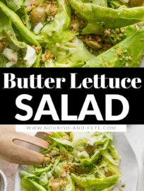 This Butter Lettuce Salad with Castelvetrano olives is simple yet elegant, perfect for dinner with friends or family. It also makes a great lunch paired with a bit of chicken, tuna, or another protein of choice.