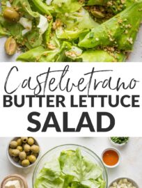 This Butter Lettuce Salad with Castelvetrano olives is simple yet elegant, perfect for dinner with friends or family. It also makes a great lunch paired with a bit of chicken, tuna, or another protein of choice.