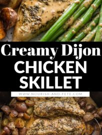 Creamy Dijon Chicken and Potatoes is an irresistible one-skillet wonder that makes a dreamy Sunday supper or upgraded weeknight meal. A simple herb blend and flavorful Dijon cream sauce perfectly dress up tender chicken and crisp baby potatoes -- no oven required.