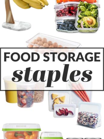 Composite image of deli containers, glass storage containers, a reusable egg carton, Stasher bags, and a banana hanger.