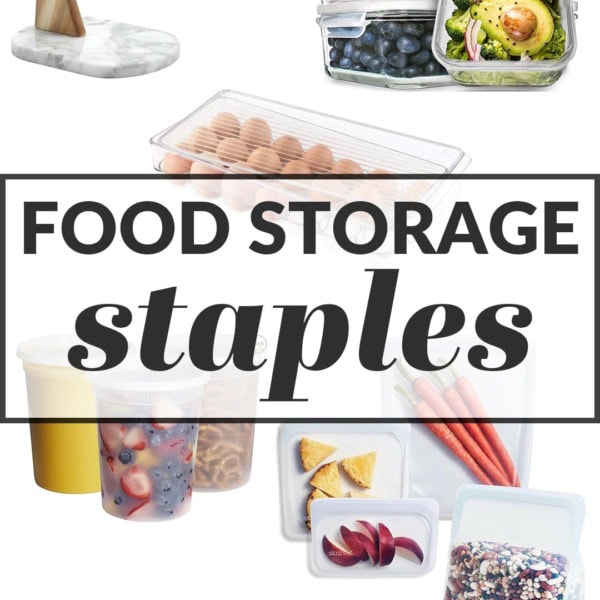Composite image of deli containers, glass storage containers, a reusable egg carton, Stasher bags, and a banana hanger.