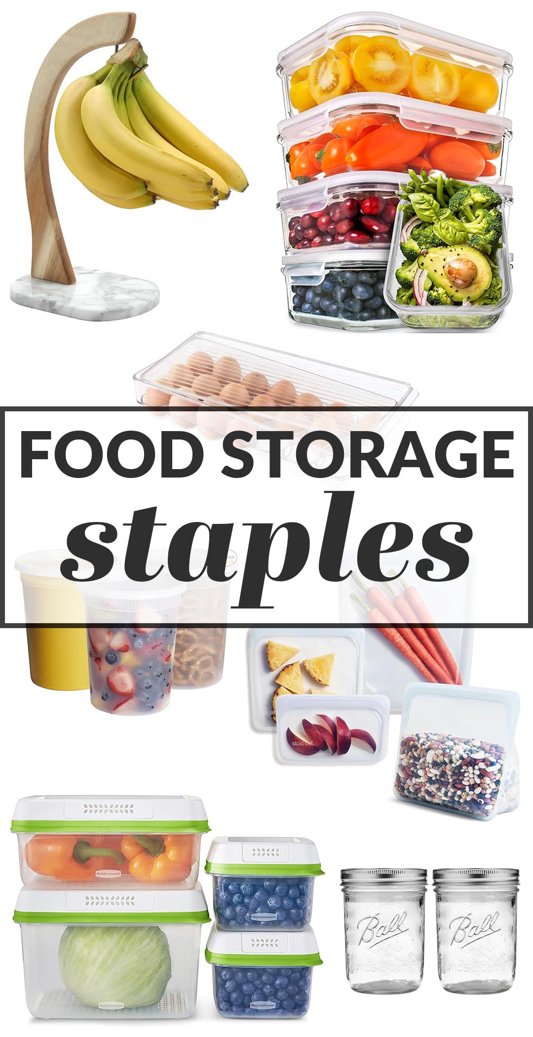 Composite image of deli containers, glass storage containers, a reusable egg carton, Stasher bags, and a banana hanger.