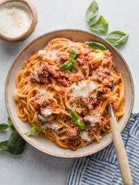 You may not think pasta night can get any easier, but with this Instant Pot Spaghetti and Meat Sauce recipe, the classic becomes a truly one-pot dish. It's almost shocking how perfectly the pressure cooker can tenderize spaghetti and make a flavorful meat and tomato sauce all at once. Add garlic knots and a simple salad to complete the meal.