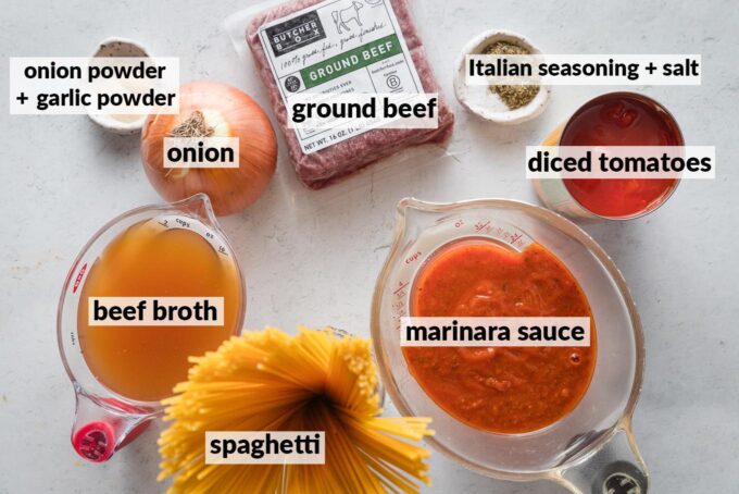 Labeled overhead photo of spaghetti, ground beef, marinara sauce, diced tomatoes, onion, and seasonings.