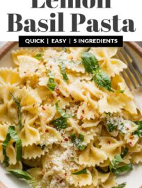 This Lemon Basil Pasta is light, delicious, and easy to make from just 5 everyday ingredients. A very simple emulsified sauce coats tender pasta, slivered basil adds a pop of color, and plenty of Parmesan ties it all together.