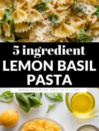 This Lemon Basil Pasta is light, delicious, and easy to make from just 5 everyday ingredients. A very simple emulsified sauce coats tender pasta, slivered basil adds a pop of color, and plenty of Parmesan ties it all together.