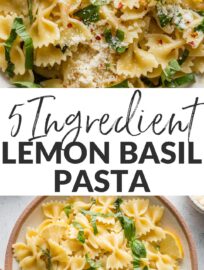 This Lemon Basil Pasta is light, delicious, and easy to make from just 5 everyday ingredients. A very simple emulsified sauce coats tender pasta, slivered basil adds a pop of color, and plenty of Parmesan ties it all together.