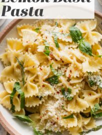This Lemon Basil Pasta is light, delicious, and easy to make from just 5 everyday ingredients. A very simple emulsified sauce coats tender pasta, slivered basil adds a pop of color, and plenty of Parmesan ties it all together.